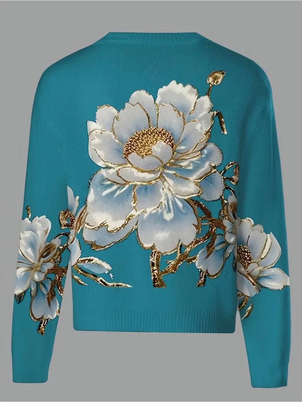 Teal Floral Embroidered Sweater with White & Gold Accents